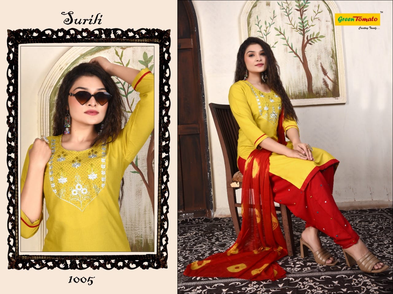 Green Tomato Surili Heavy Rayon Printed Ethnic Wear Patiala Ready Made Collection